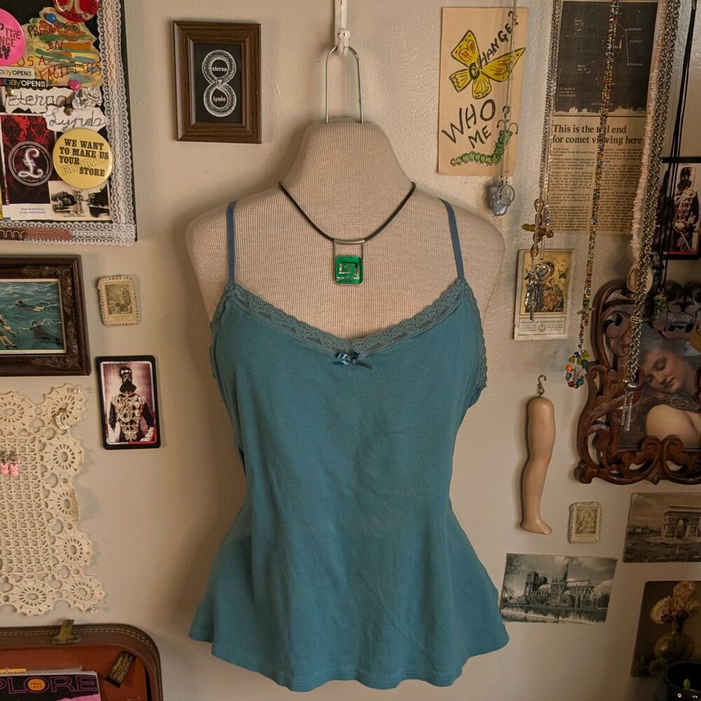 Y2K Lace Trim Camisole Tank Women's XL Teal Blue